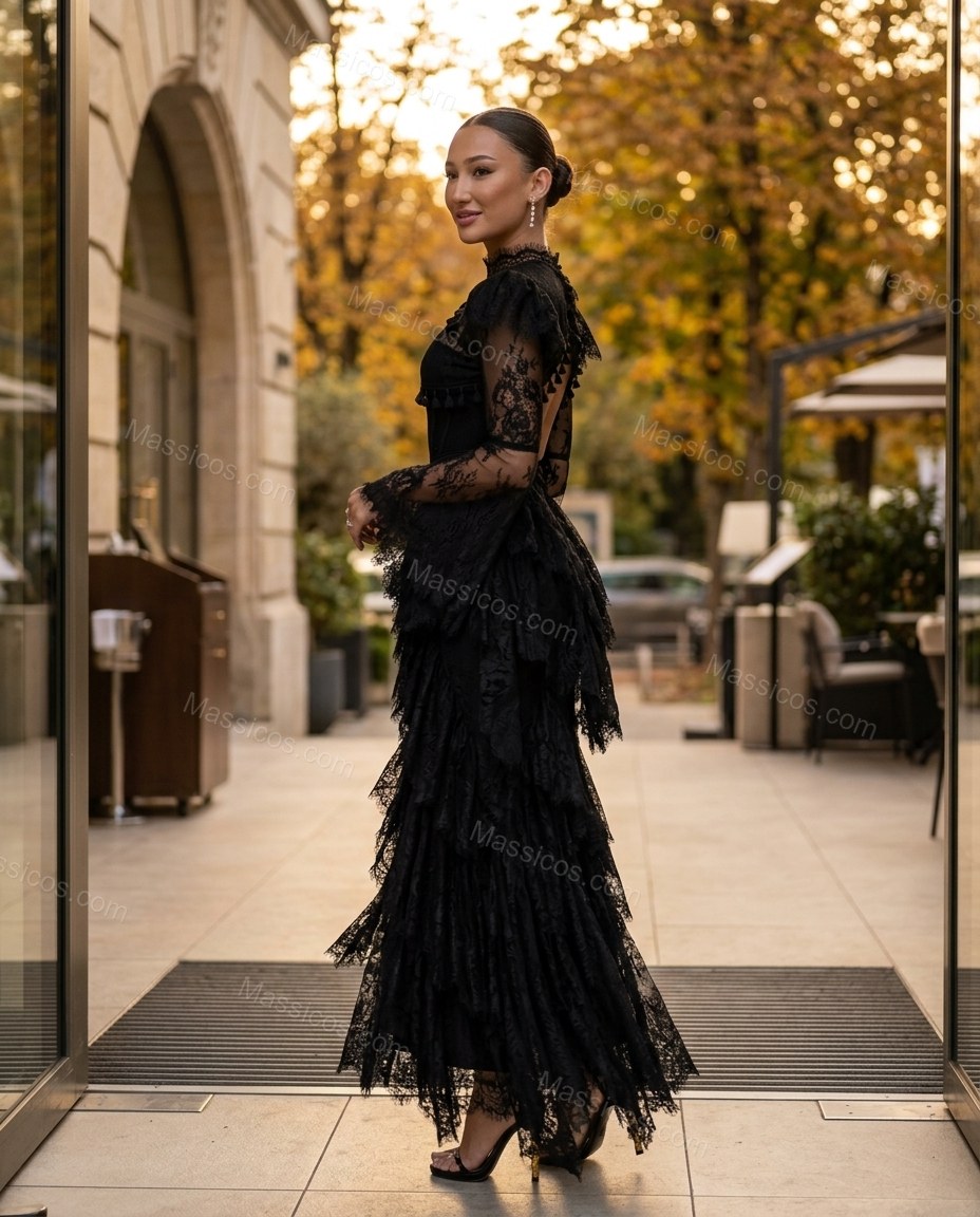 Black Floral Maxi Open-Back Dress, walking lifestyle view, by Massicos