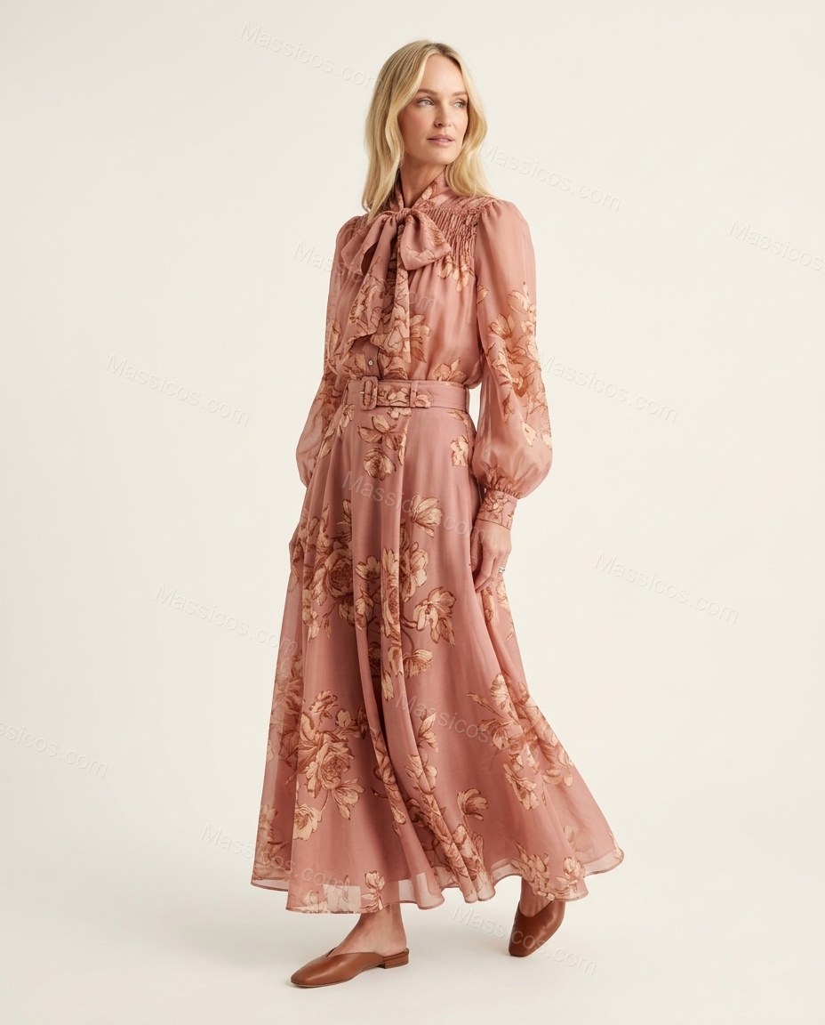 Rose Pink Floral Maxi Pussy-Bow Blouse & Skirt Set, side and back studio view, by Massicos