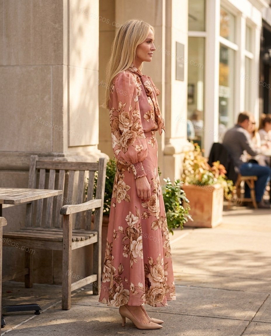 Rose Pink Floral Maxi Pussy-Bow Blouse & Skirt Set, three-quarter brand lifestyle view, by Massicos