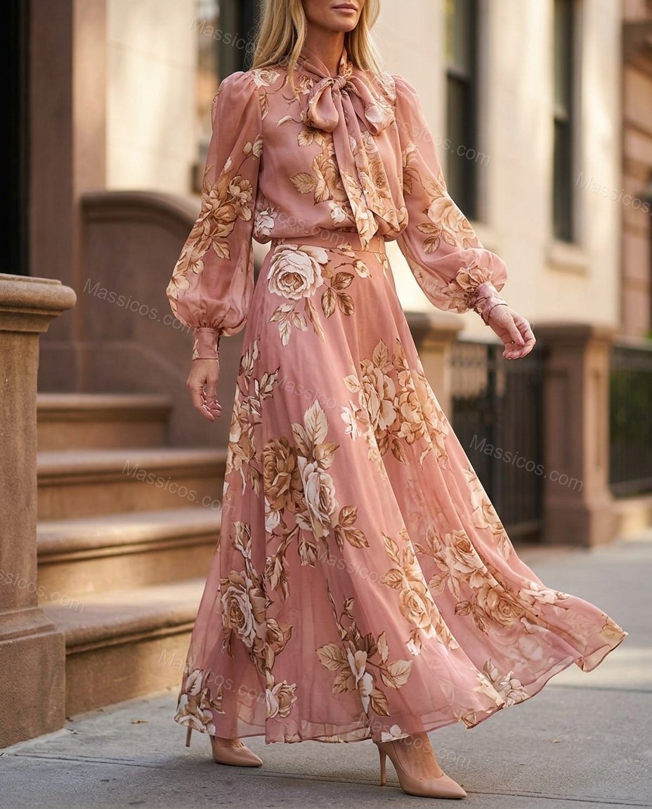 Rose Pink Floral Maxi Pussy-Bow Blouse & Skirt Set, walking lifestyle view, by Massicos
