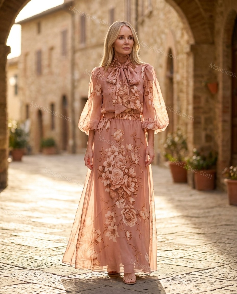 Rose Pink Floral Maxi Pussy-Bow Blouse & Skirt Set, alternate use-case lifestyle view, by Massicos