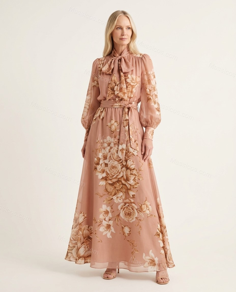 Rose Pink Floral Maxi Pussy-Bow Blouse & Skirt Set, front studio view, by Massicos