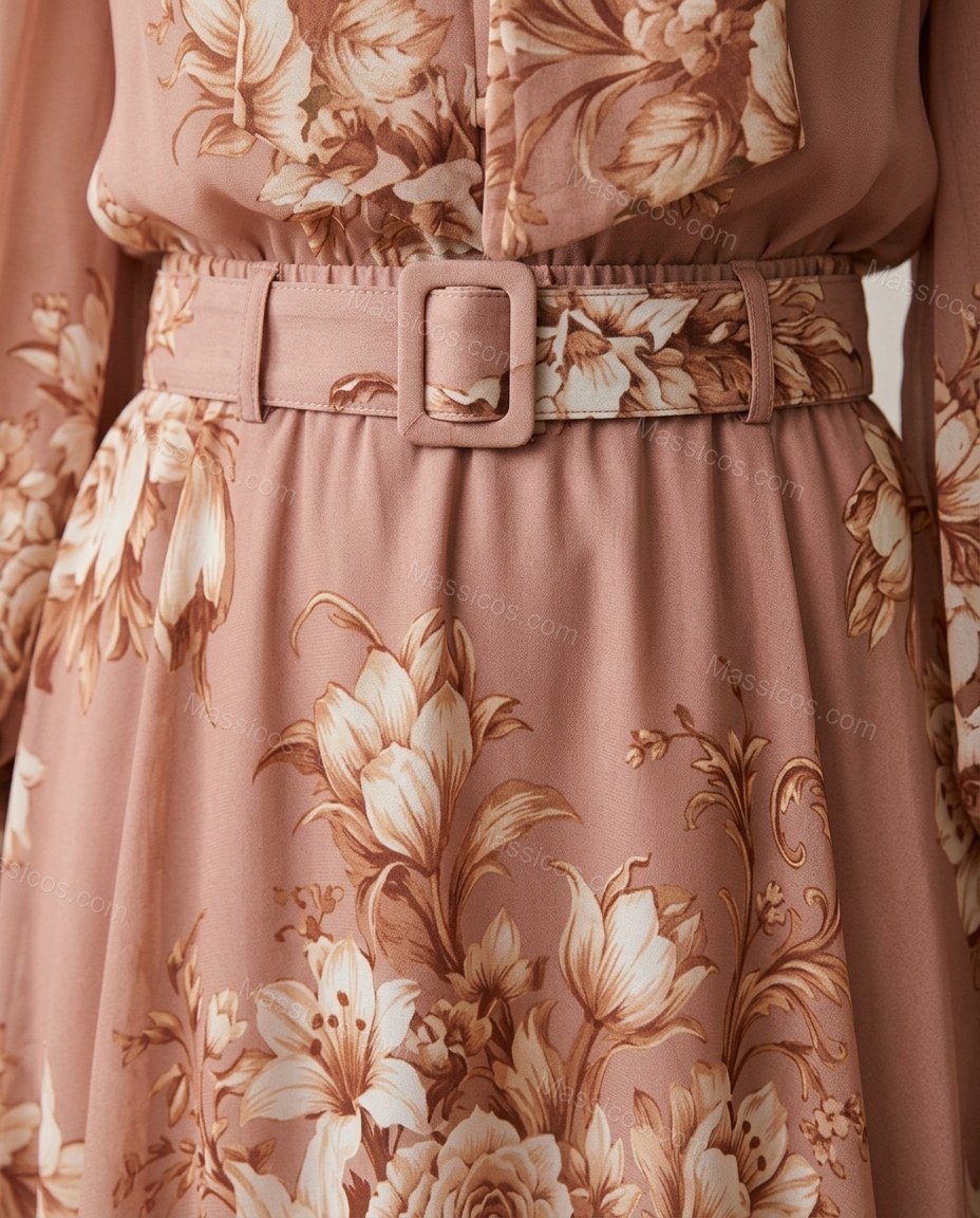 Rose Pink Floral Maxi Pussy-Bow Blouse & Skirt Set, close-up of floral, by Massicos