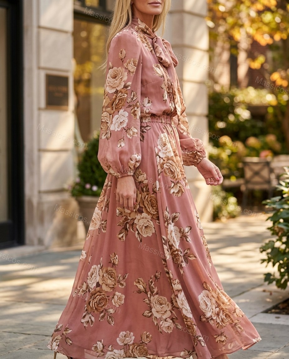 Rose Pink Floral Maxi Pussy-Bow Blouse & Skirt Set, movement and fit lifestyle view, by Massicos