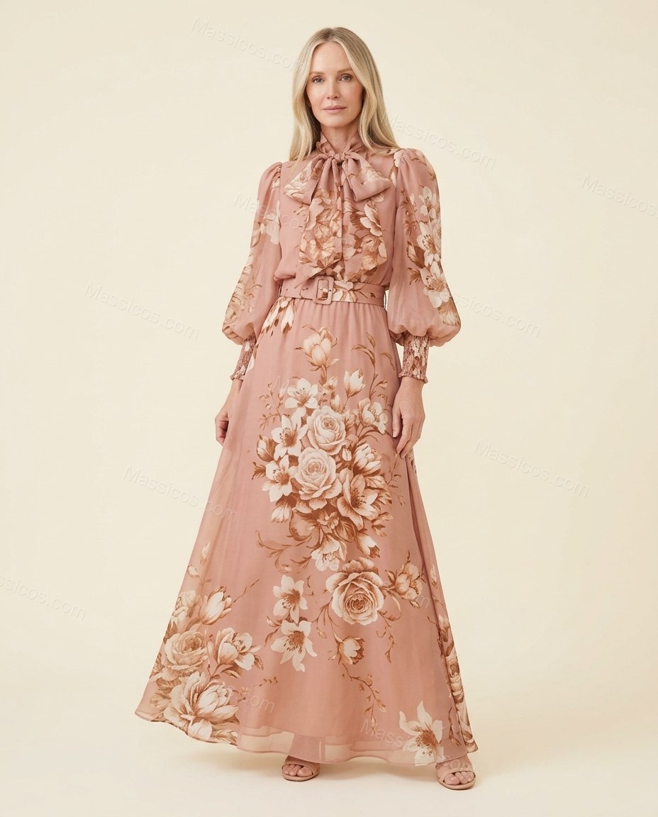 Rose Pink Floral Maxi Pussy-Bow Blouse & Skirt Set, full-length hero view, by Massicos