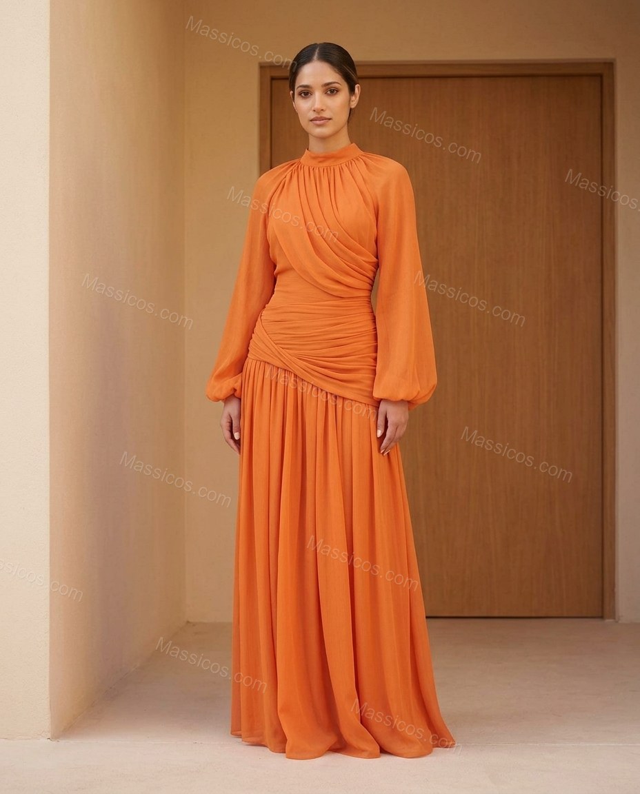 Orange Maxi Chiffon Dress, full-length hero view, by Massicos