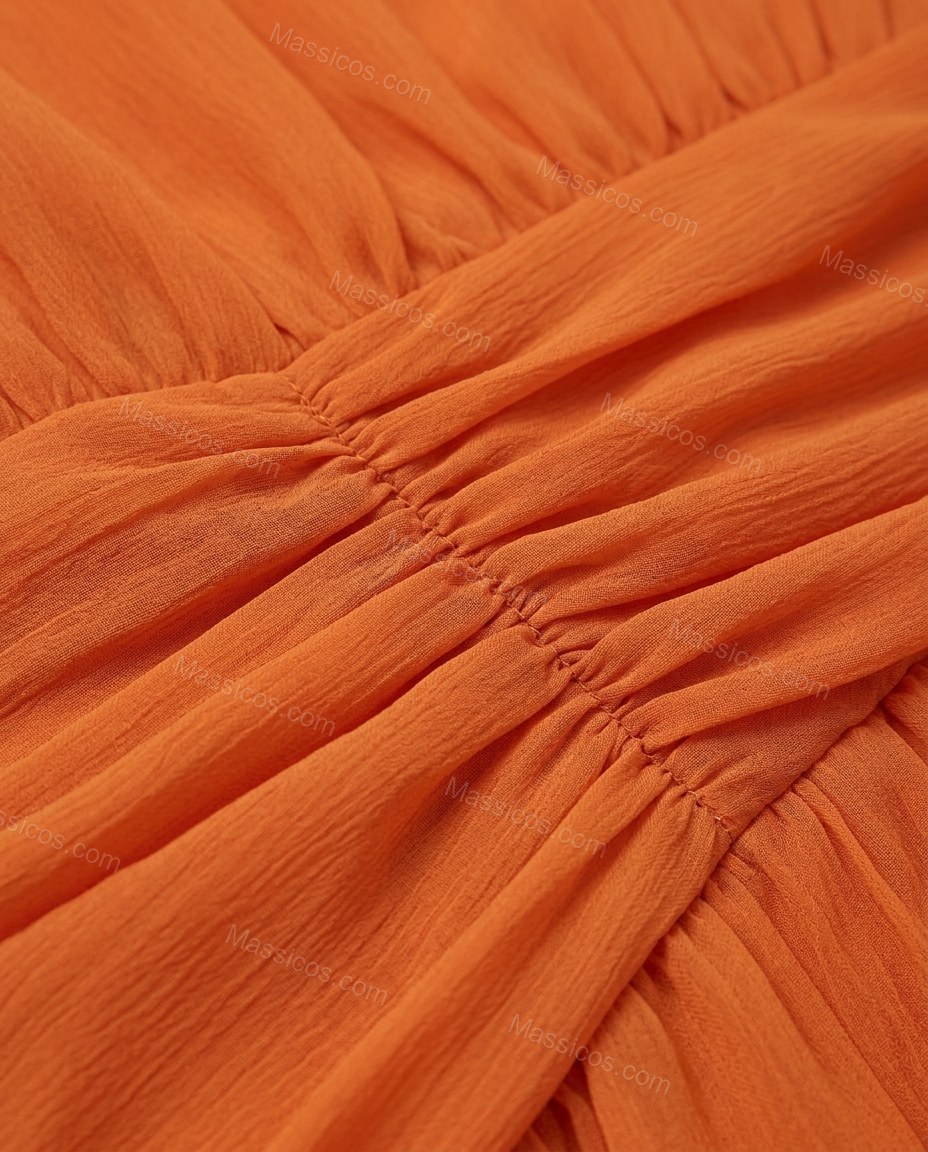 Orange Maxi Chiffon Dress, close-up of ruched bodice, draped detailing and elasticated cuffs, by Massicos