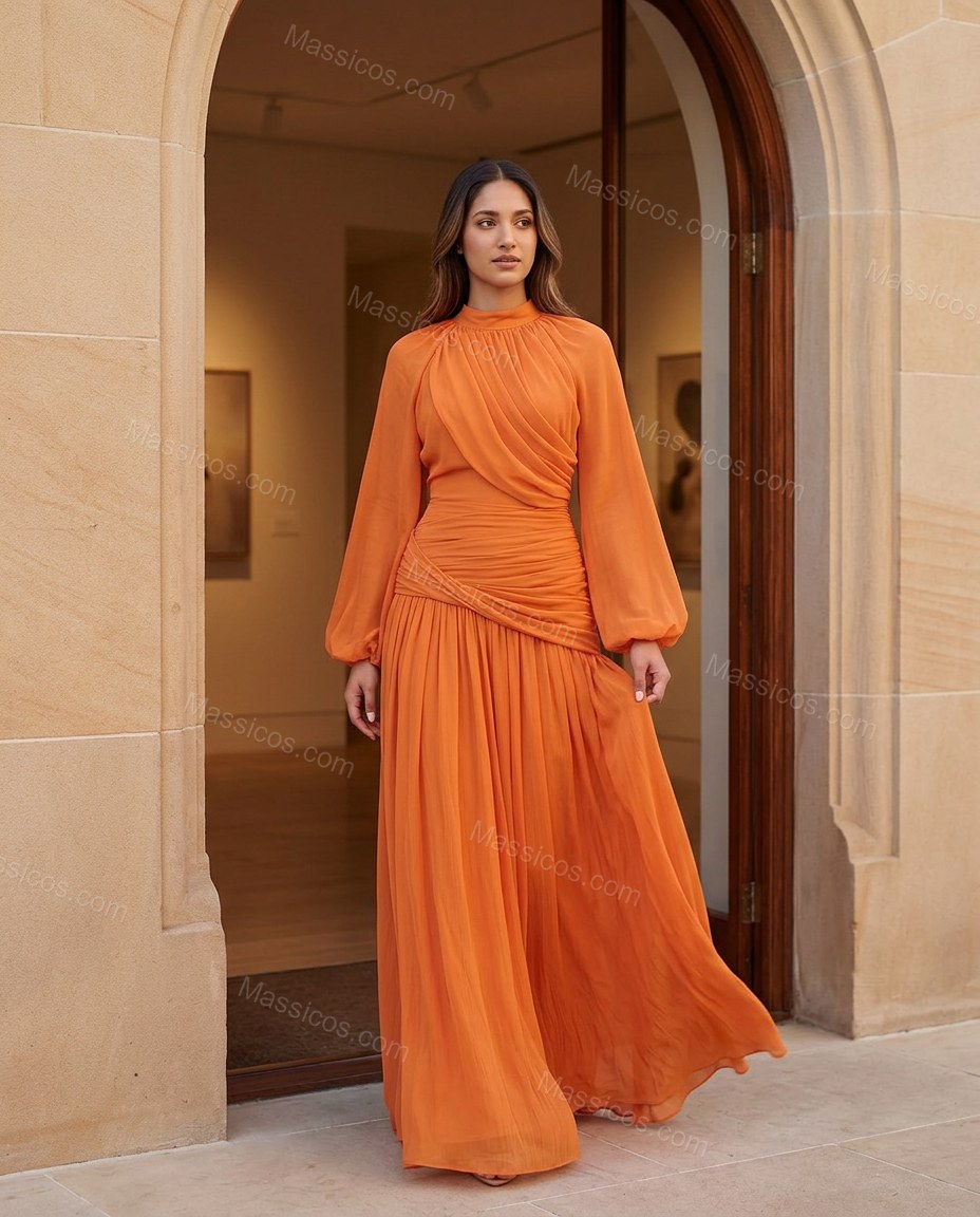 Orange Maxi Chiffon Dress, walking lifestyle view, by Massicos