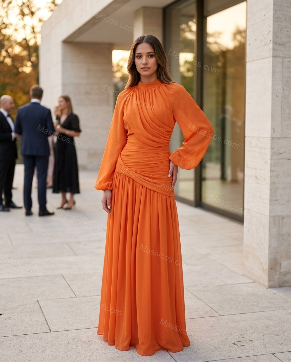 Orange Maxi Chiffon Dress, three-quarter brand lifestyle view, by Massicos