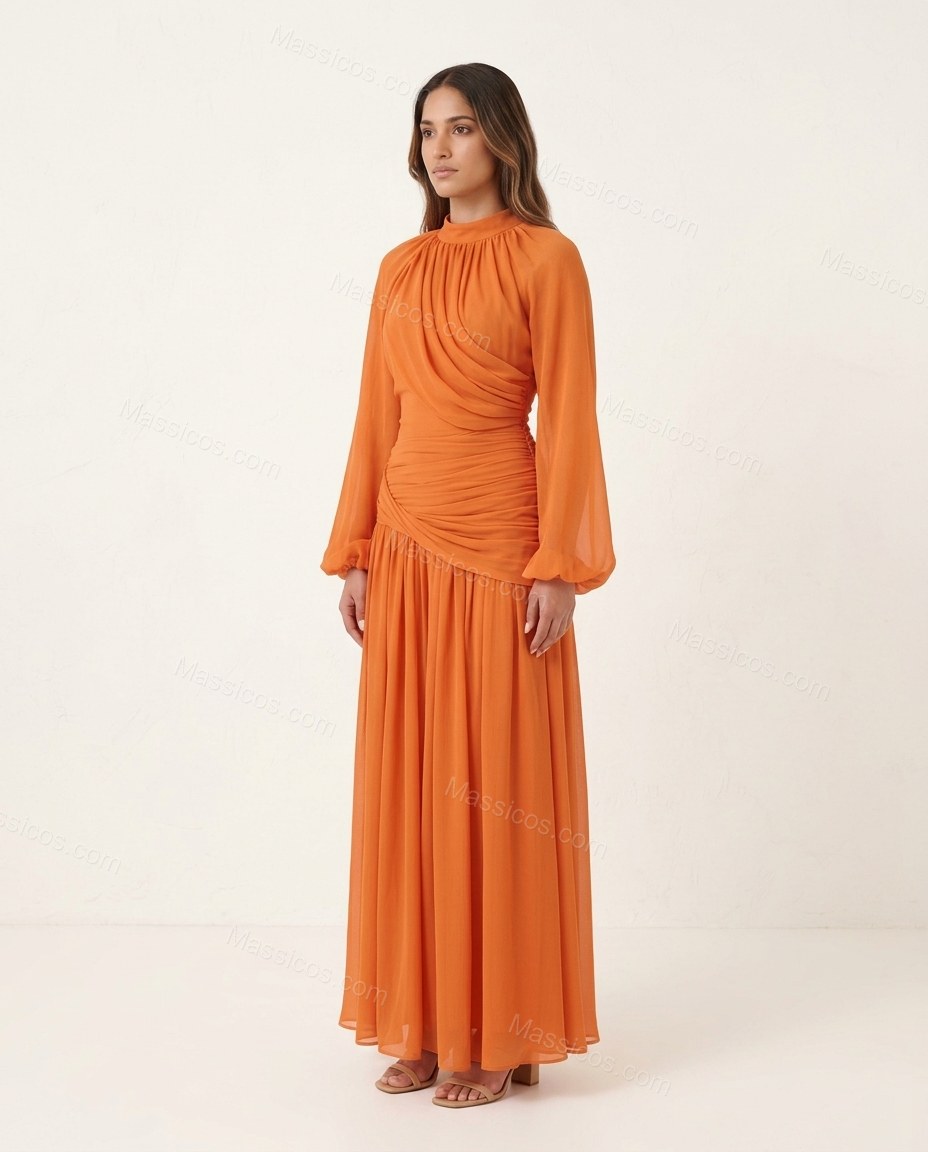 Orange Maxi Chiffon Dress, side and back studio view, by Massicos