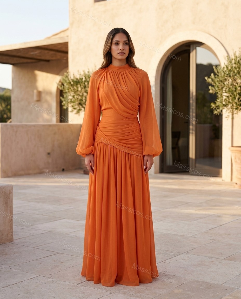 Orange Maxi Chiffon Dress, alternate use-case lifestyle view, by Massicos