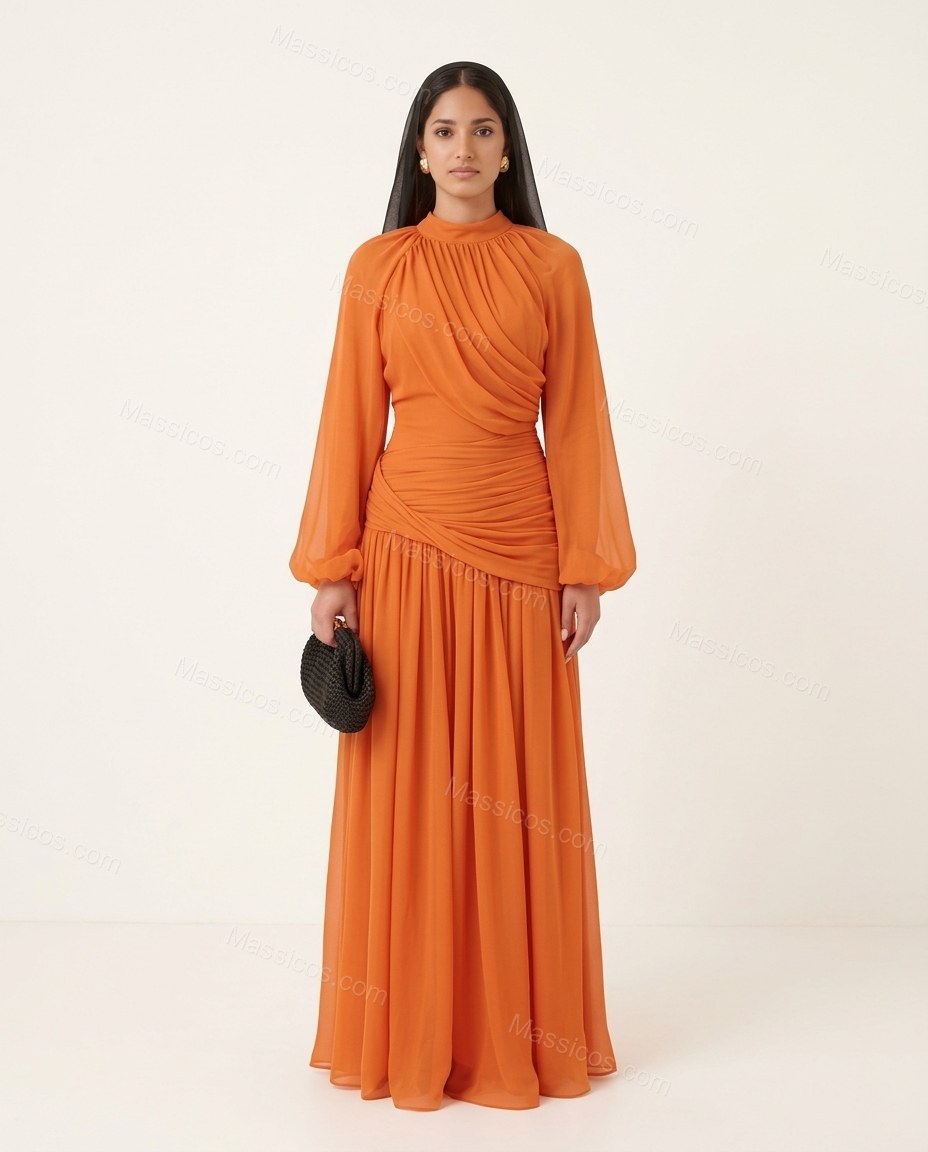 Orange Maxi Chiffon Dress, front studio view, by Massicos