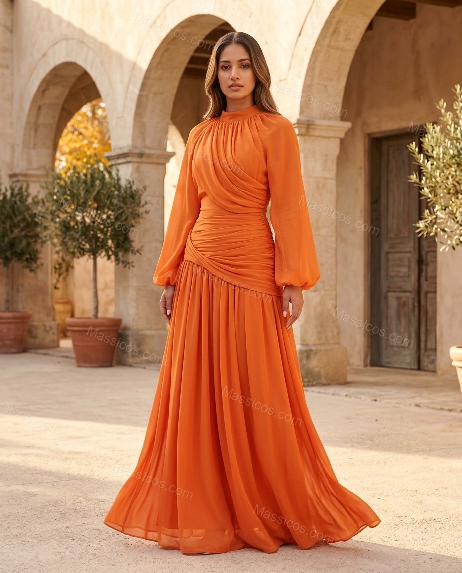 Orange Maxi Chiffon Dress, movement and fit lifestyle view, by Massicos