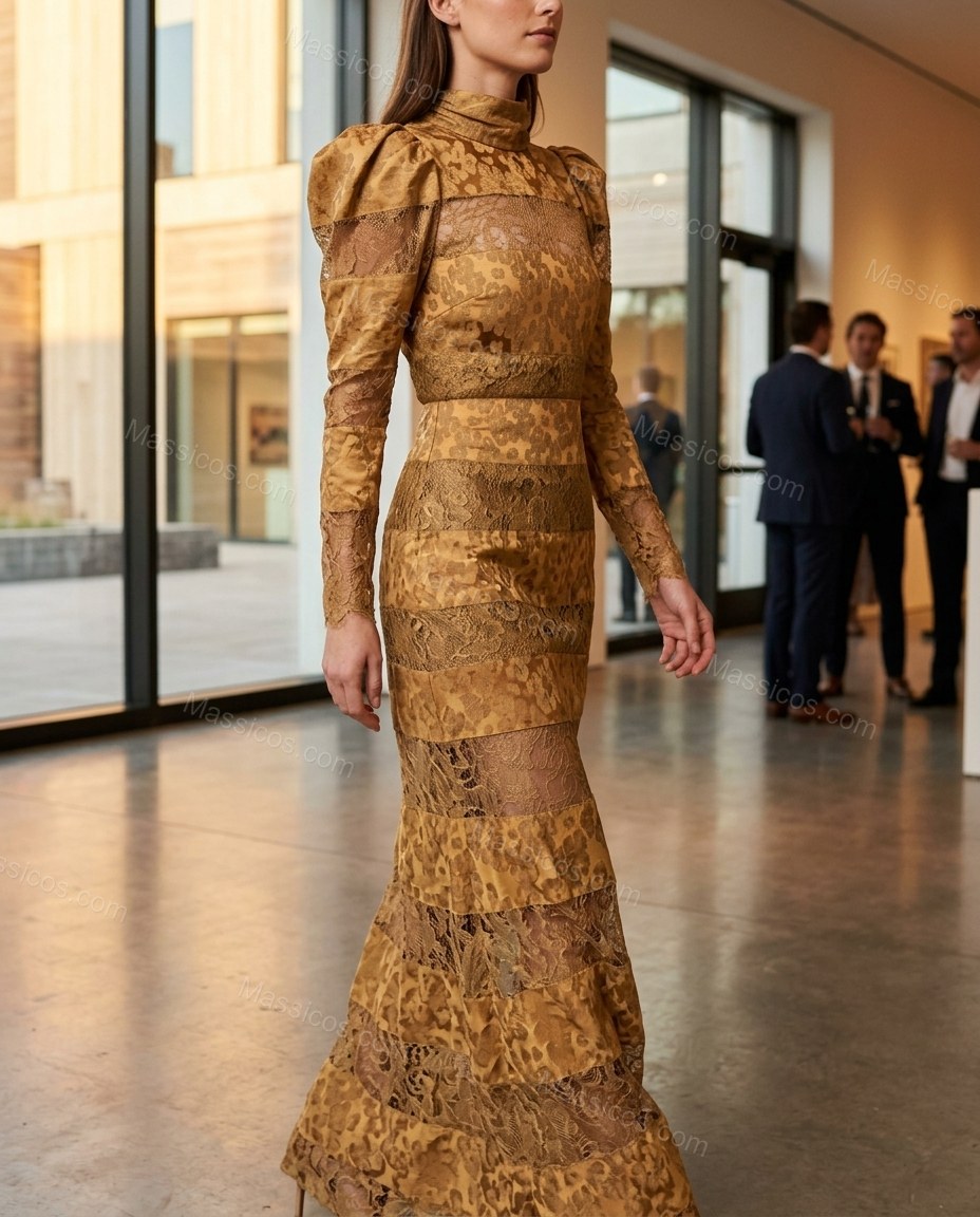 Gold Floral Maxi Lace Dress, movement and fit lifestyle view, by Massicos