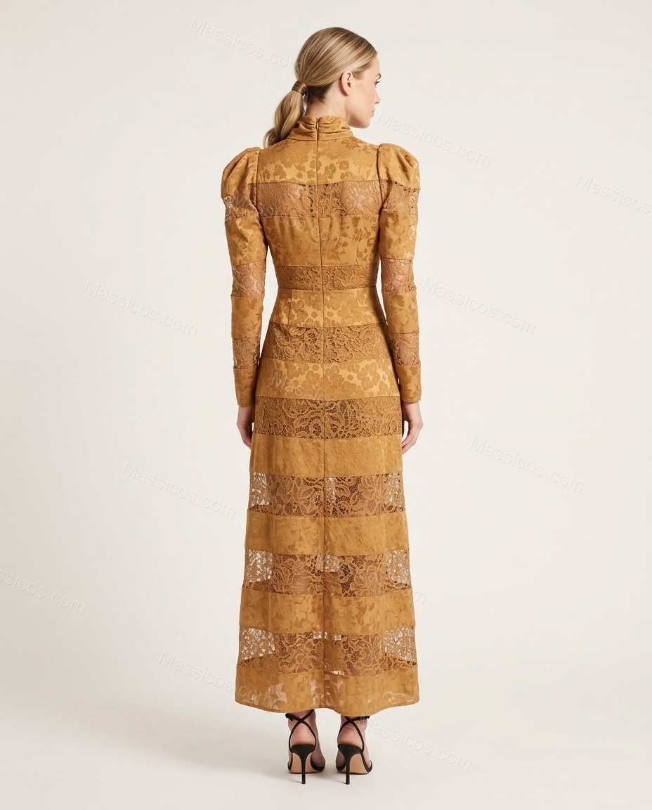 Gold Floral Maxi Lace Dress, back studio view showing fitted back with lace pattern, by Massicos