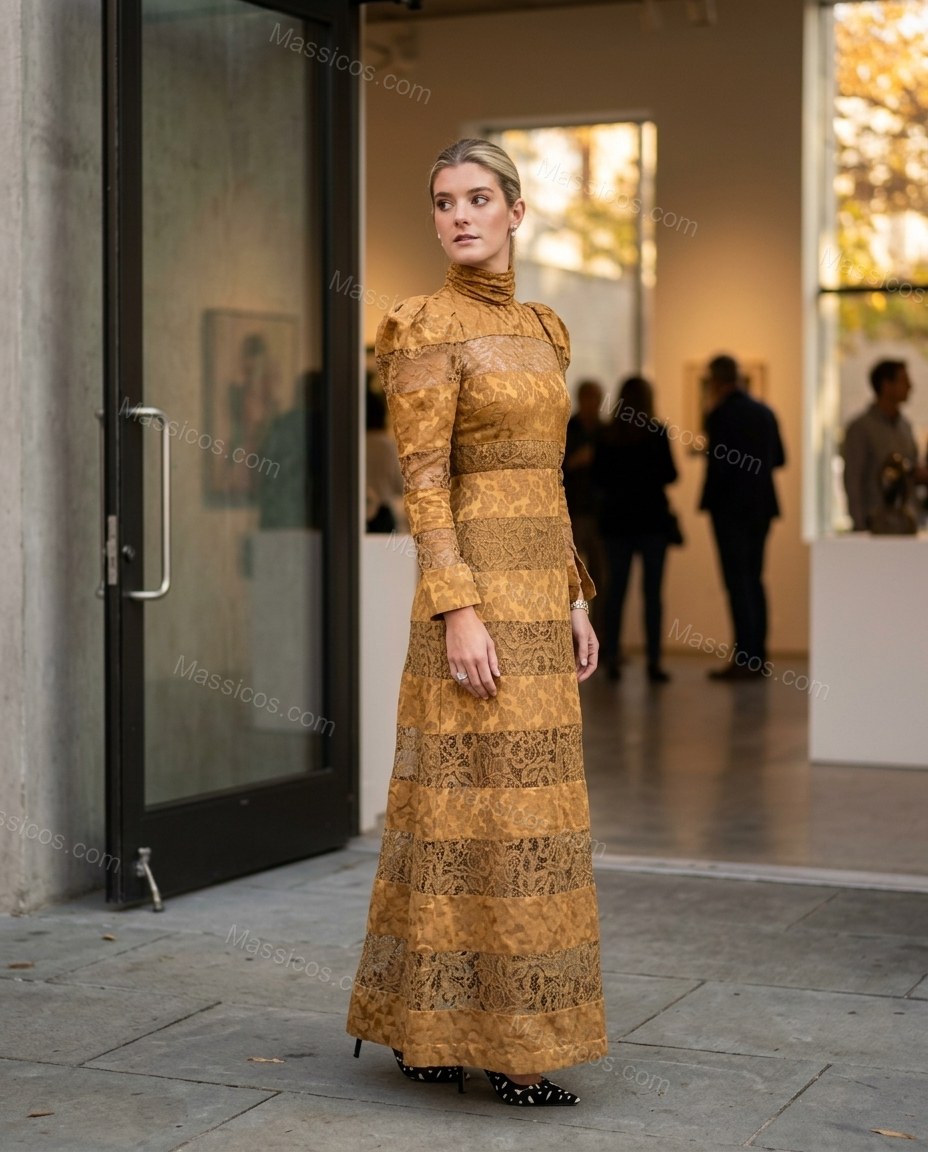 Gold Floral Maxi Lace Dress, alternate use-case lifestyle view, by Massicos