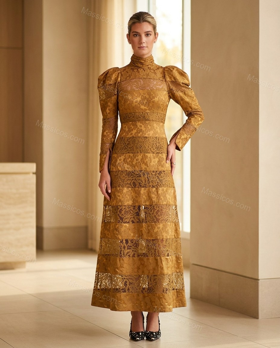 Gold Floral Maxi Lace Dress, full-length hero view, by Massicos