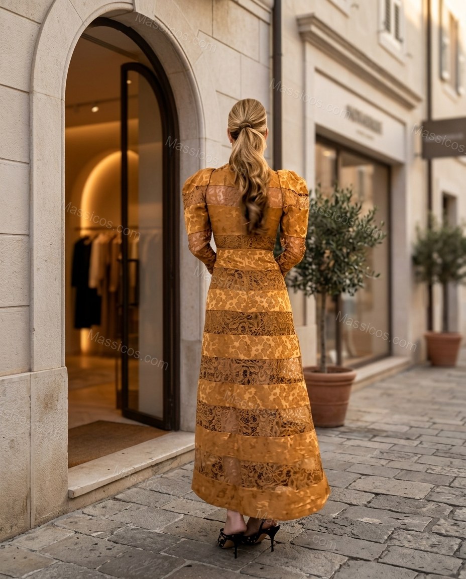 Gold Floral Maxi Lace Dress, three-quarter brand lifestyle view, by Massicos