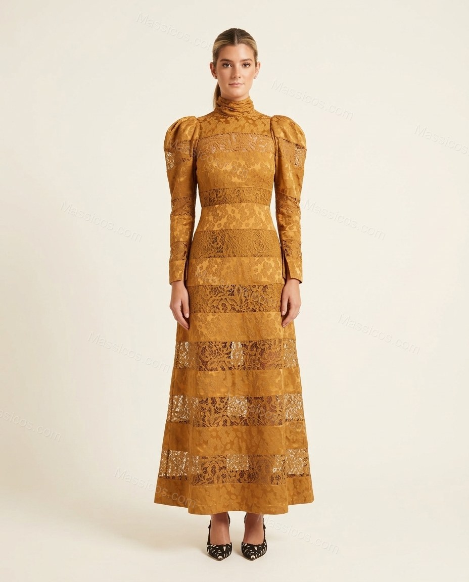Gold Floral Maxi Lace Dress, front studio view, by Massicos