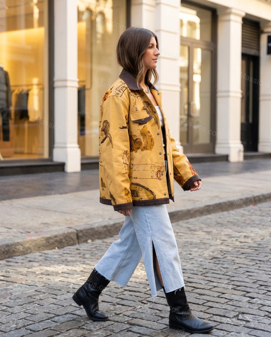Mustard Yellow Embroidered Jacket, movement and fit lifestyle view, by Massicos