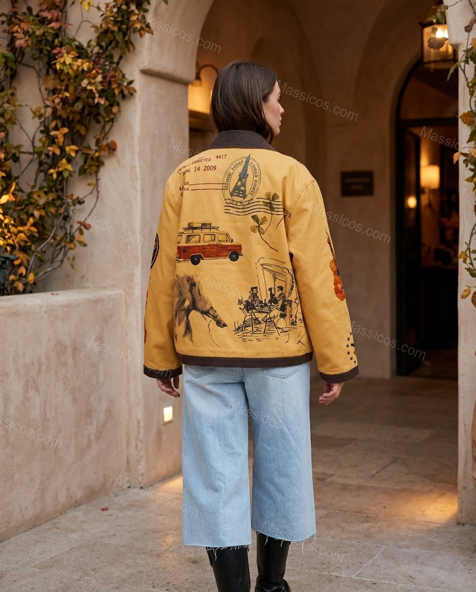 Mustard Yellow Embroidered Jacket, three-quarter brand lifestyle view, by Massicos