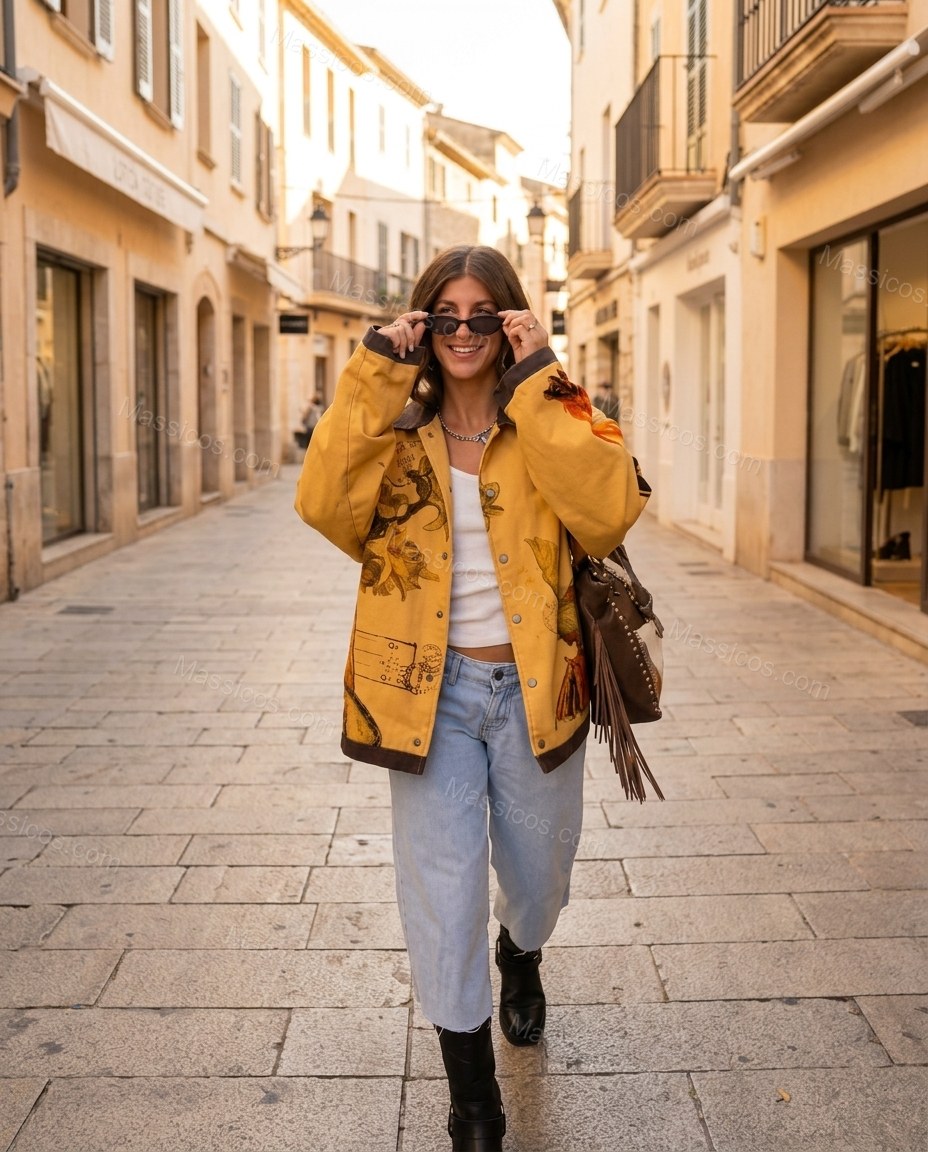 Mustard Yellow Embroidered Jacket, alternate use-case lifestyle view, by Massicos