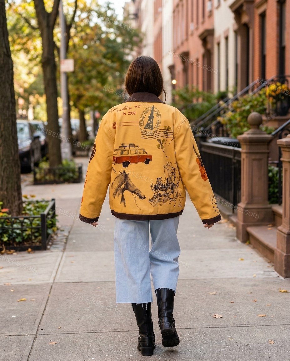 Mustard Yellow Embroidered Jacket, walking lifestyle view, by Massicos
