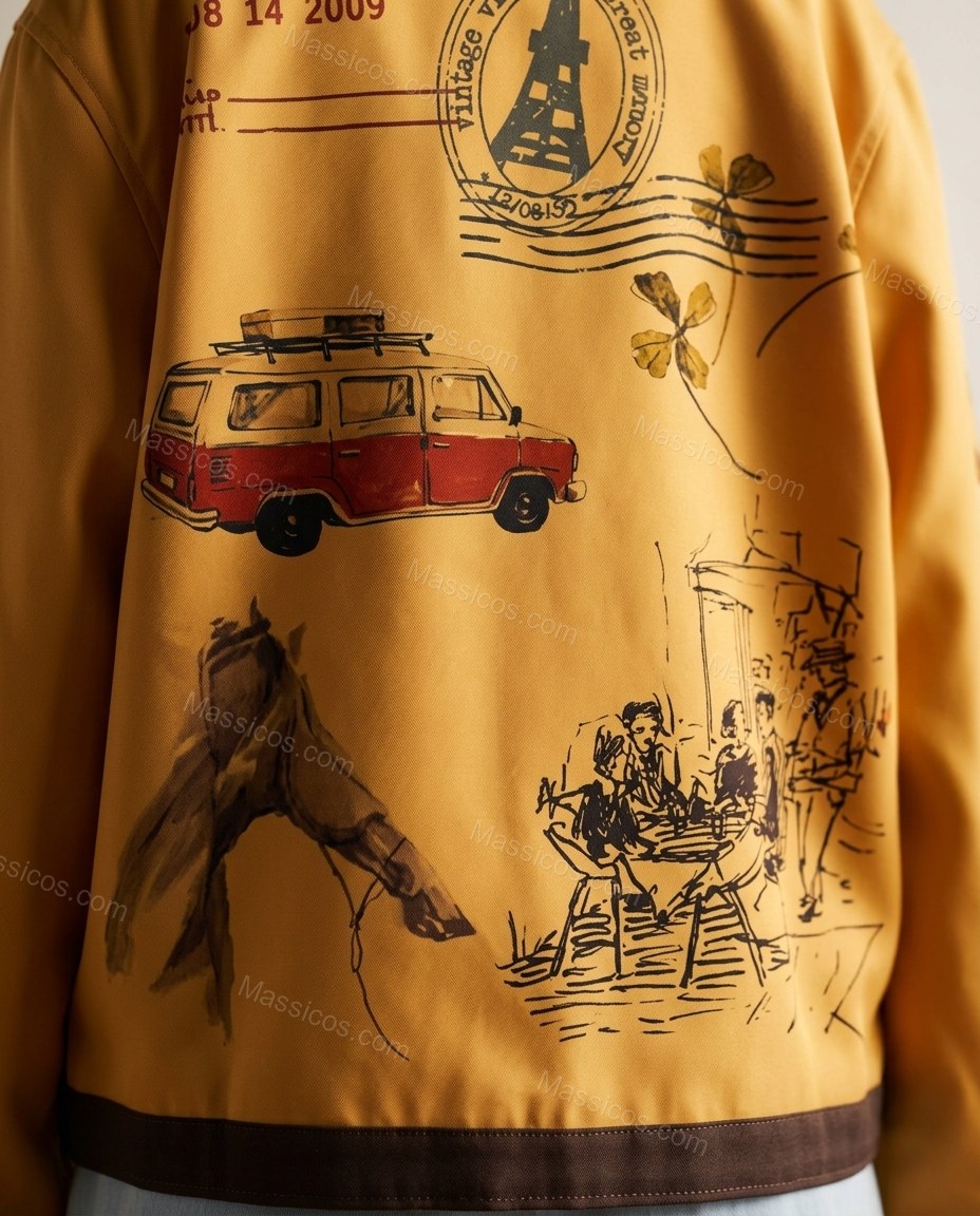 Mustard Yellow Embroidered Jacket, close-up of dark brown and black accents, front button closure and flap pockets, by Massicos