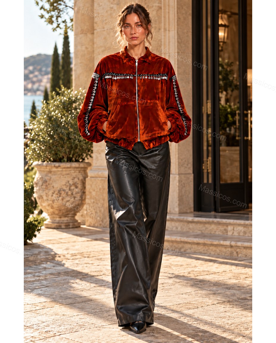 Rust Velvet Jacket, full-length hero view, by Massicos
