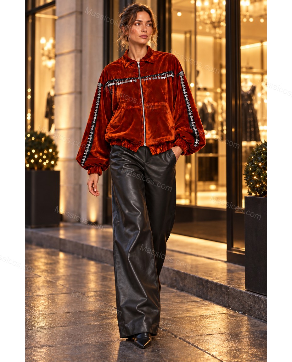 Rust Velvet Jacket, three-quarter brand lifestyle view, by Massicos