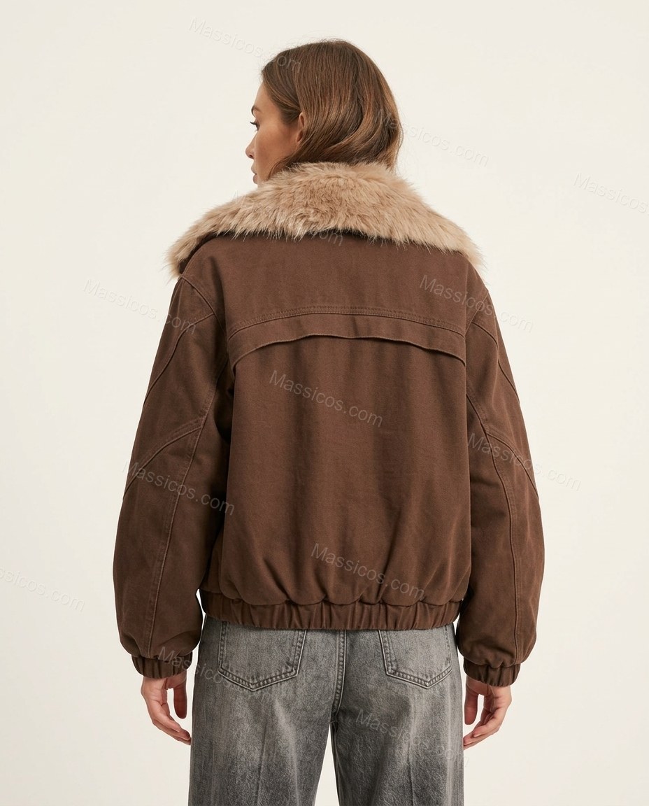 Brown Faux-Fur Jacket, back studio view showing shoulder yoke, gathered hem, by Massicos