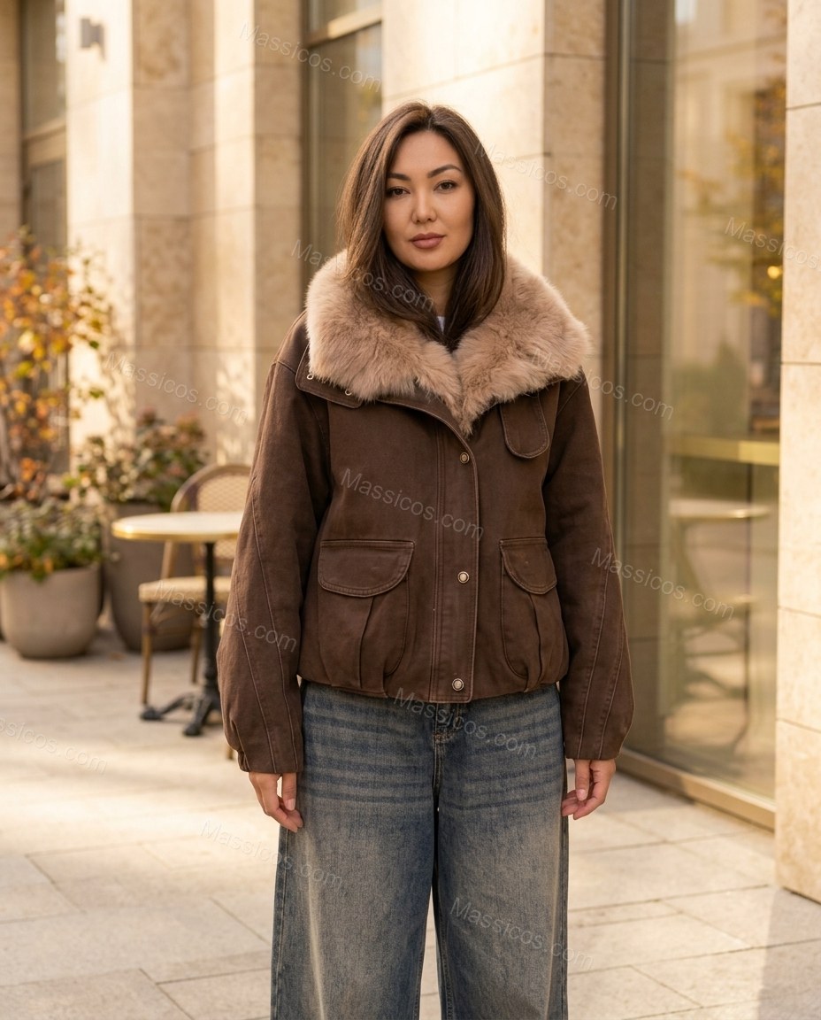 Brown Faux-Fur Jacket, three-quarter brand lifestyle view, by Massicos