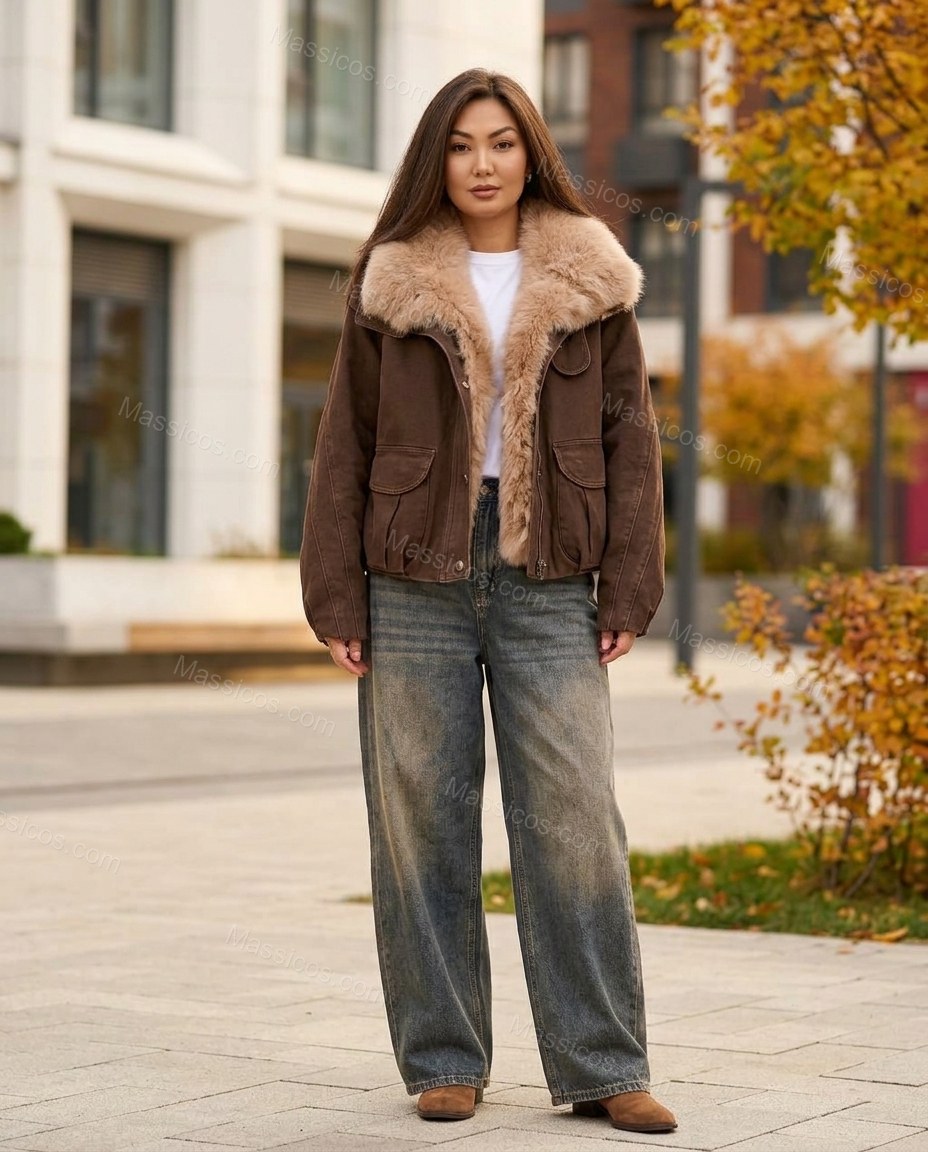 Brown Faux-Fur Jacket, full-length hero view, by Massicos