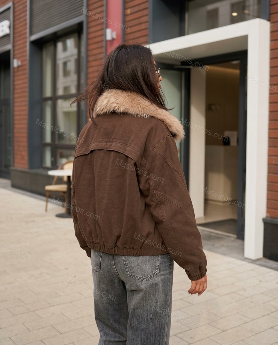 Brown Faux-Fur Jacket, movement and fit lifestyle view, by Massicos