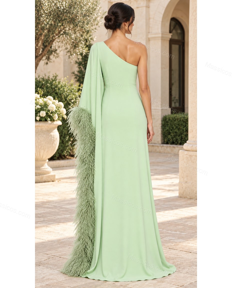 Light Green Maxi One-Shoulder Feather-Trim Dress, alternate use-case lifestyle view, by Massicos