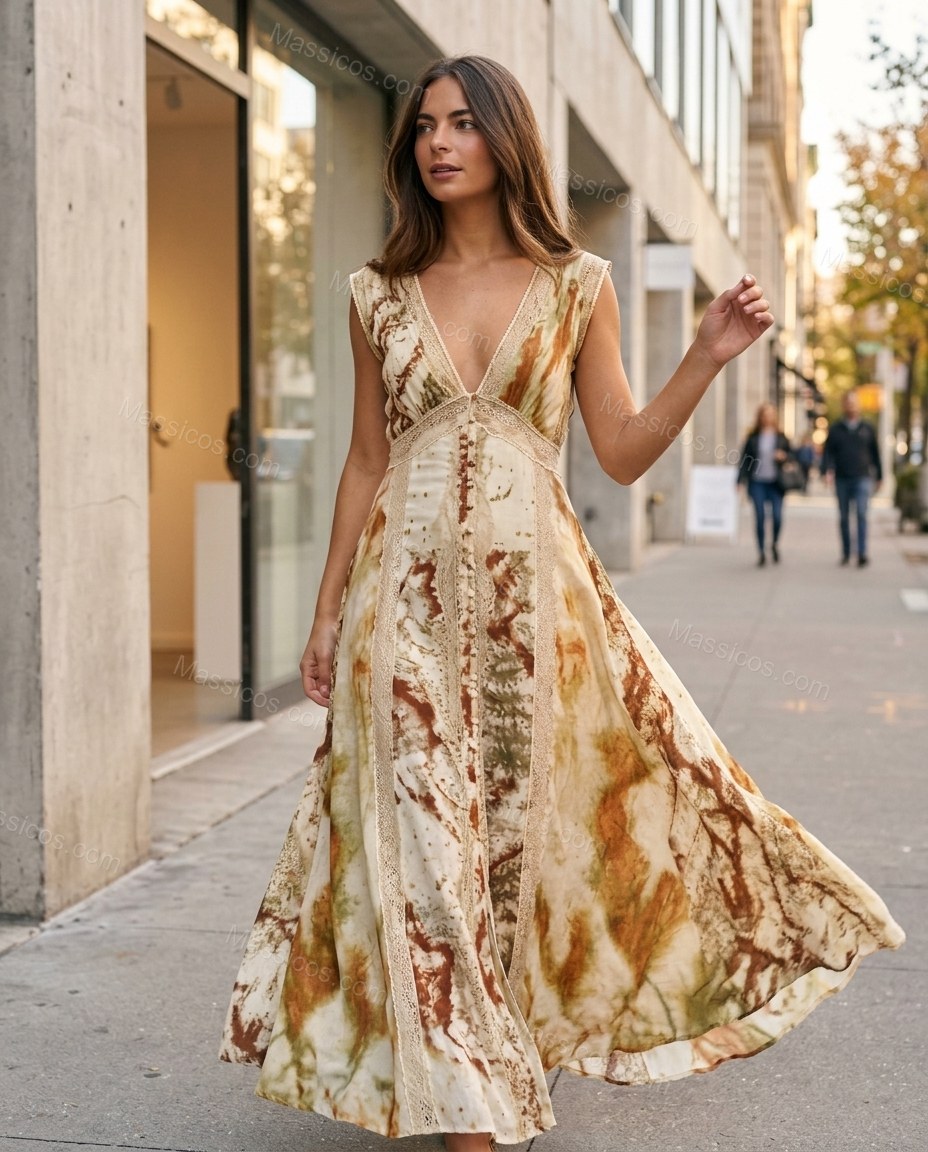 Cream Abstract Maxi Lace Dress, walking lifestyle view, by Massicos