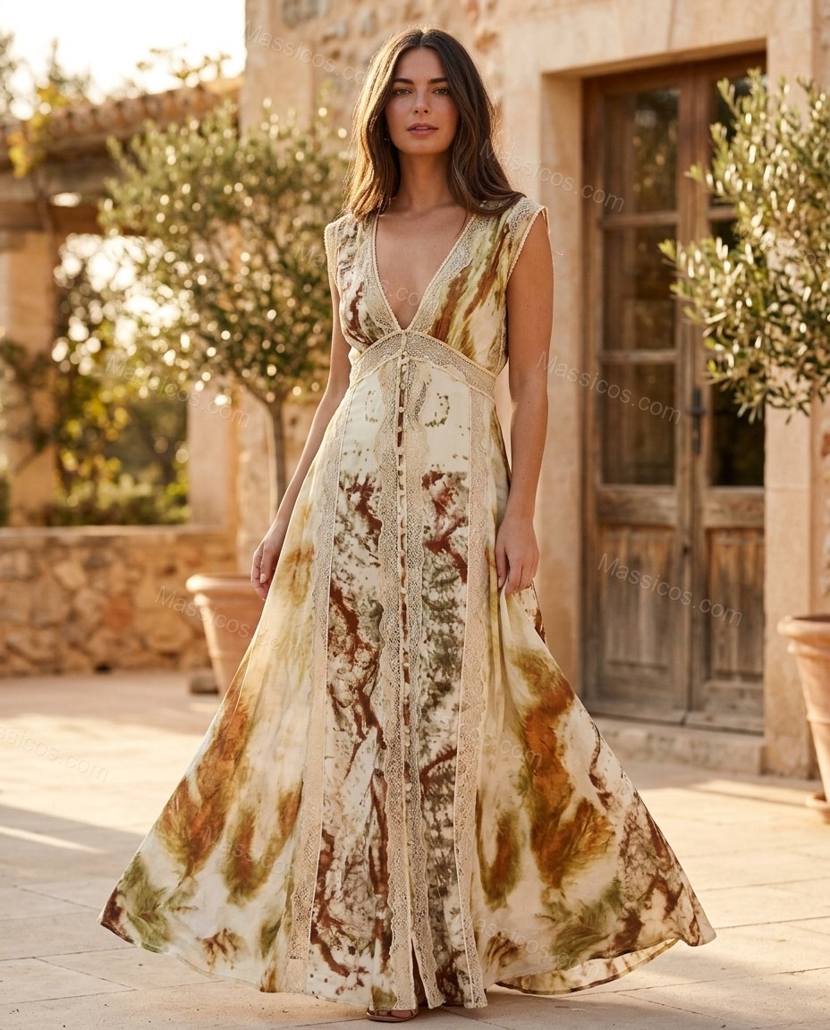 Cream Abstract Maxi Lace Dress, alternate use-case lifestyle view, by Massicos