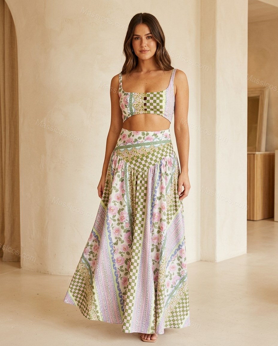 Green Patchwork Maxi Skirt Set, full-length hero view, by Massicos