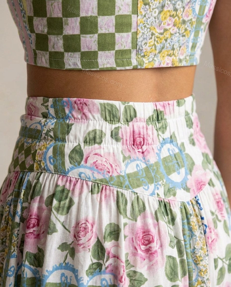 Green Patchwork Maxi Skirt Set, close-up of patchwork, by Massicos