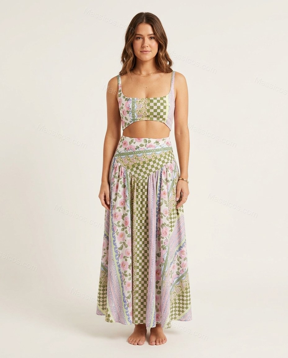 Green Patchwork Maxi Skirt Set, front studio view, by Massicos