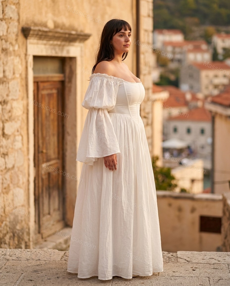 White Maxi Off-Shoulder Dress, three-quarter brand lifestyle view, by Massicos