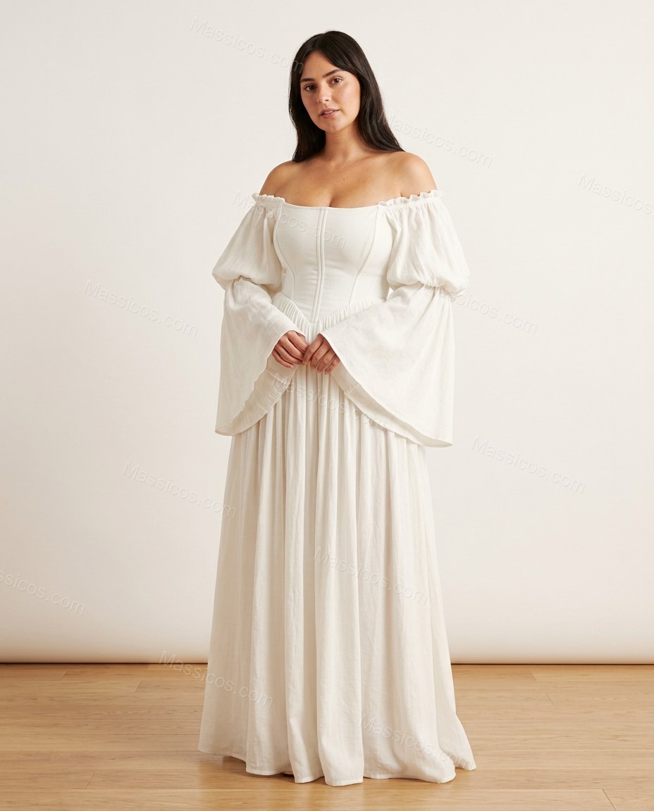 White Maxi Off-Shoulder Dress, front studio view, by Massicos