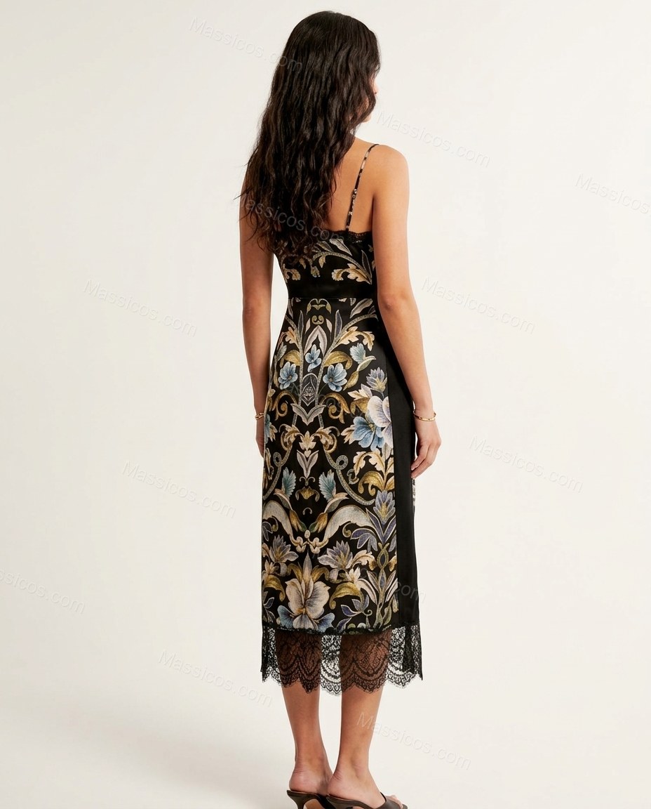 Black Floral Midi Cowl-Neck Dress, back studio view showing plain black with lace trim at hem, by Massicos