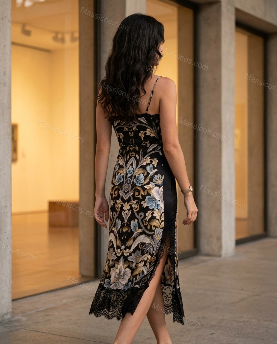 Black Floral Midi Cowl-Neck Dress, alternate use-case lifestyle view, by Massicos