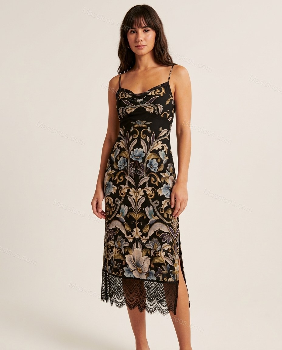 Black Floral Midi Cowl-Neck Dress, front studio view, by Massicos