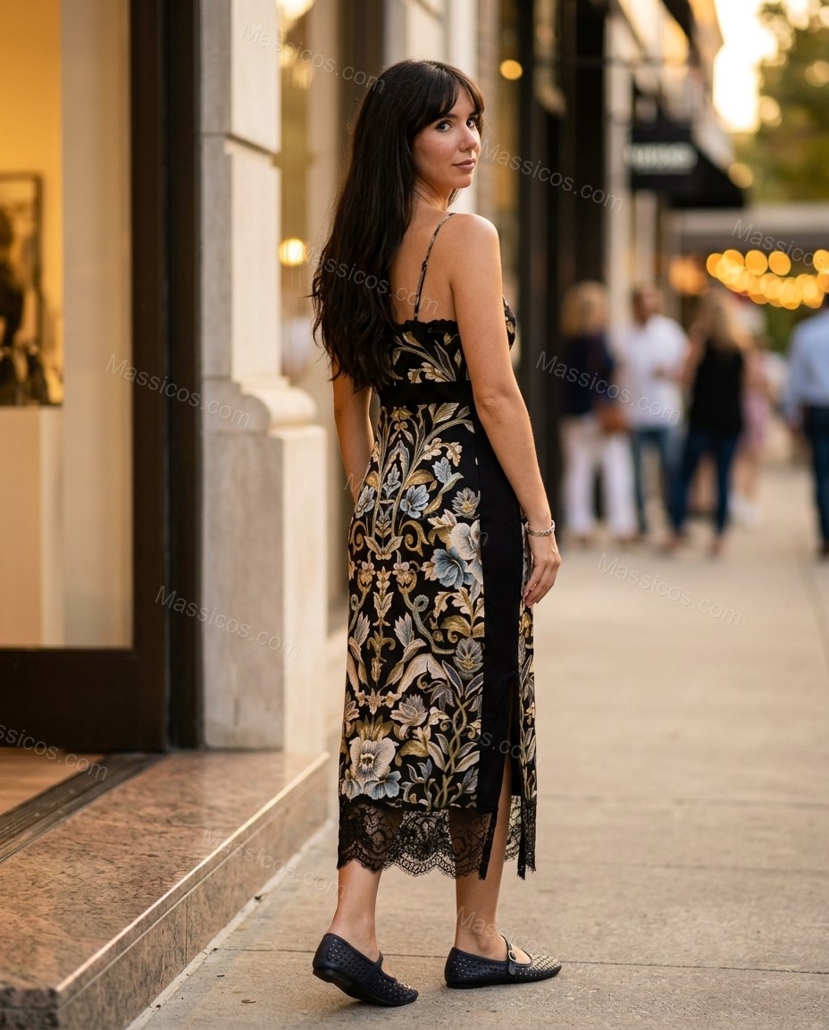 Black Floral Midi Cowl-Neck Dress, movement and fit lifestyle view, by Massicos