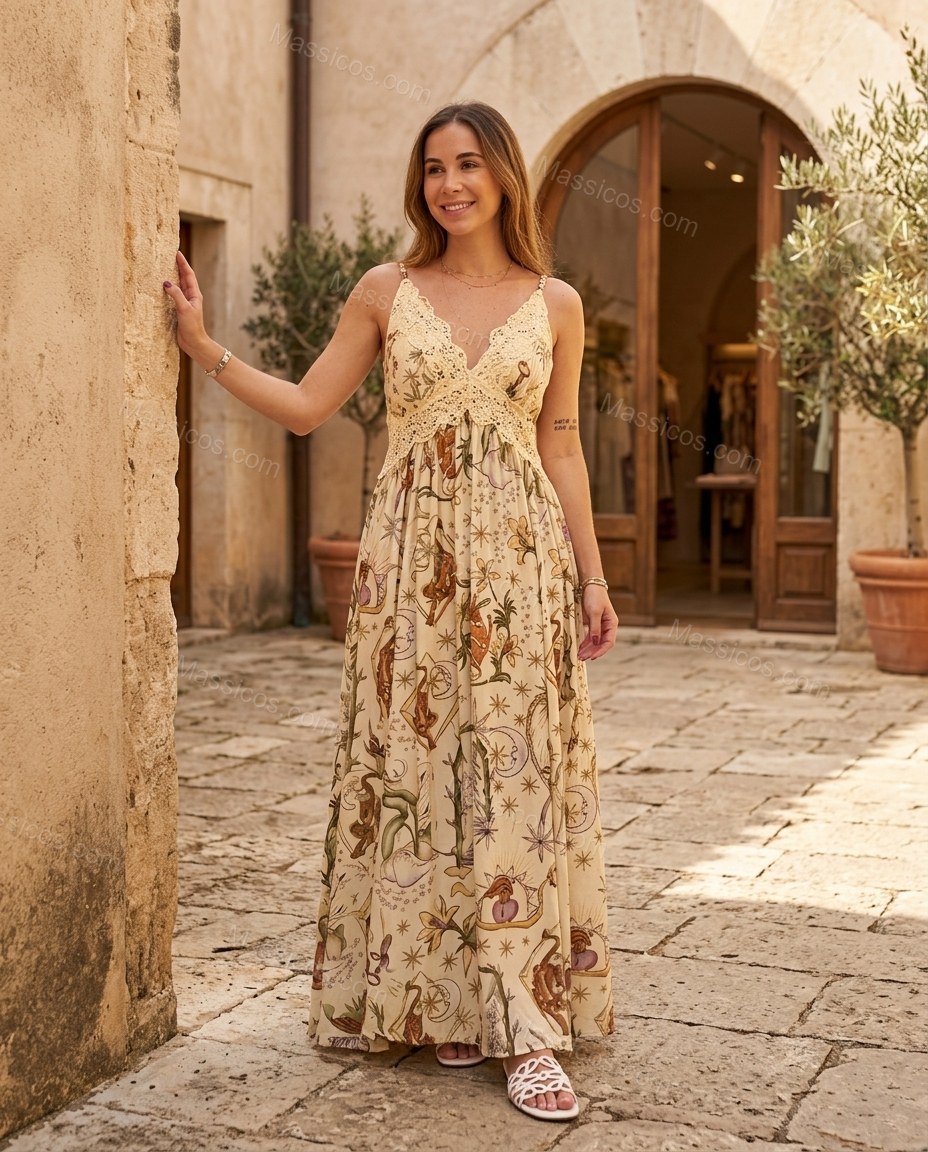 Cream Maxi Lace Dress, three-quarter brand lifestyle view, by Massicos