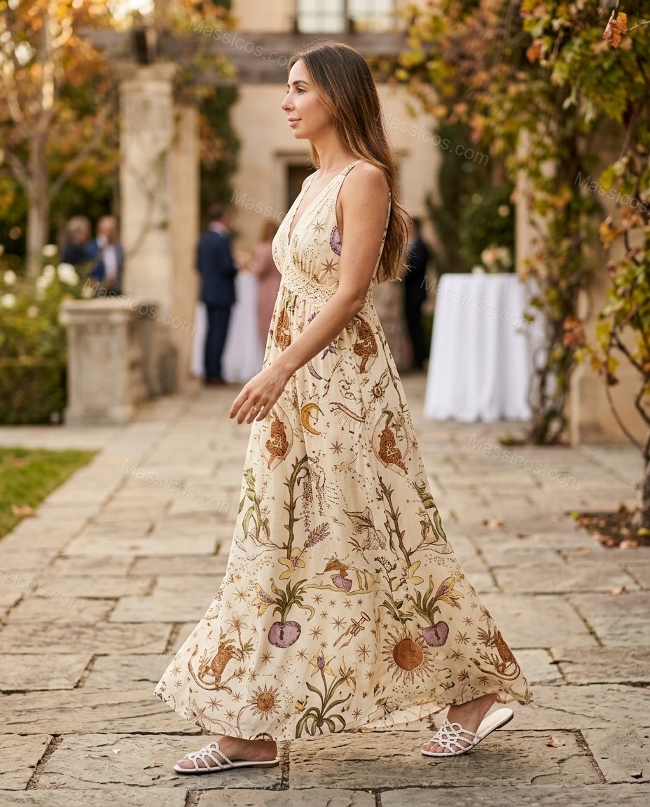 Cream Maxi Lace Dress, walking lifestyle view, by Massicos