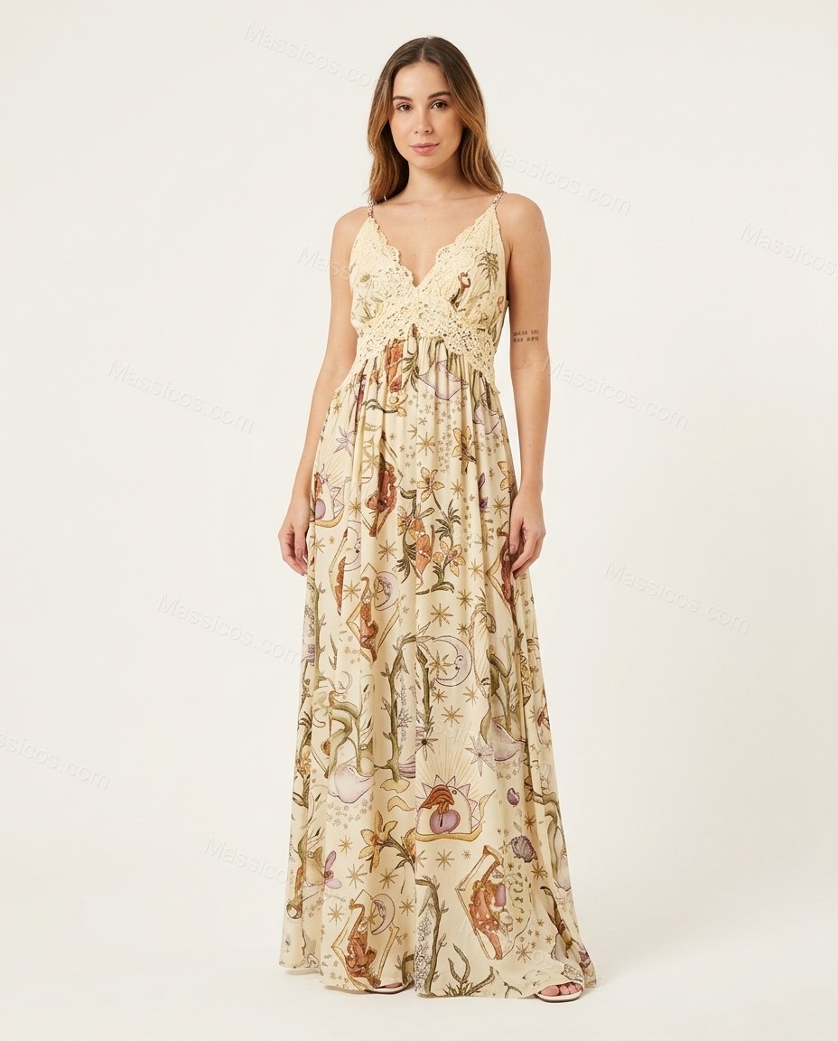 Cream Maxi Lace Dress, front studio view, by Massicos