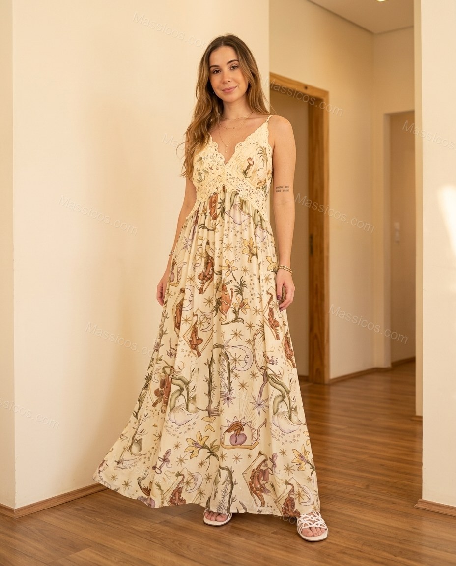 Cream Maxi Lace Dress, full-length hero view, by Massicos